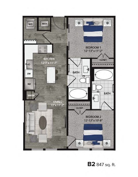 Floor plan for 2 beds, 2 baths, 847 sqft